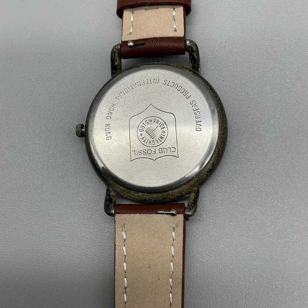 Vintage Fossil Club Fossil Mens Watch 36mm Silver Tone Brown Leather New Battery